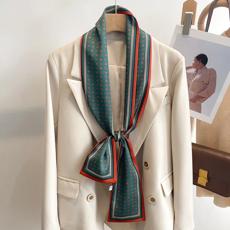 Printed Long Narrow Scarf with Decorative Ribbon Shape