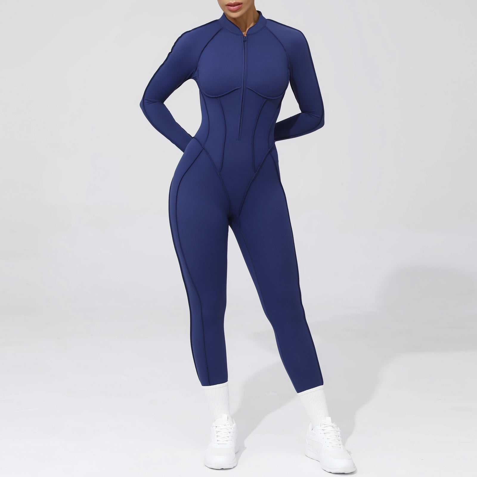 Women's Long Sleeve Zip Front Back Cutout Workout Jumpsuit