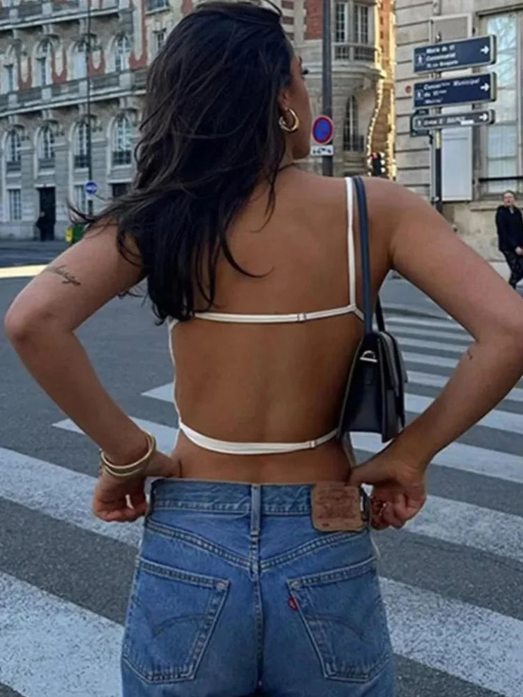 Women's Square Neck Camisole with Thin Straps and Lace-Up Back Detailing