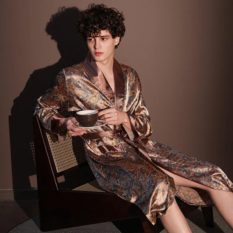 Men's Printed Long Sleeve Tie Waist Lounge Bathrobe