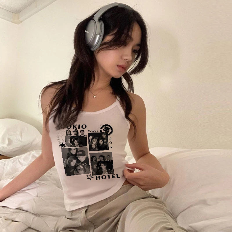 Graphic Print Sleeveless Slim Strap Casual Camisole Top