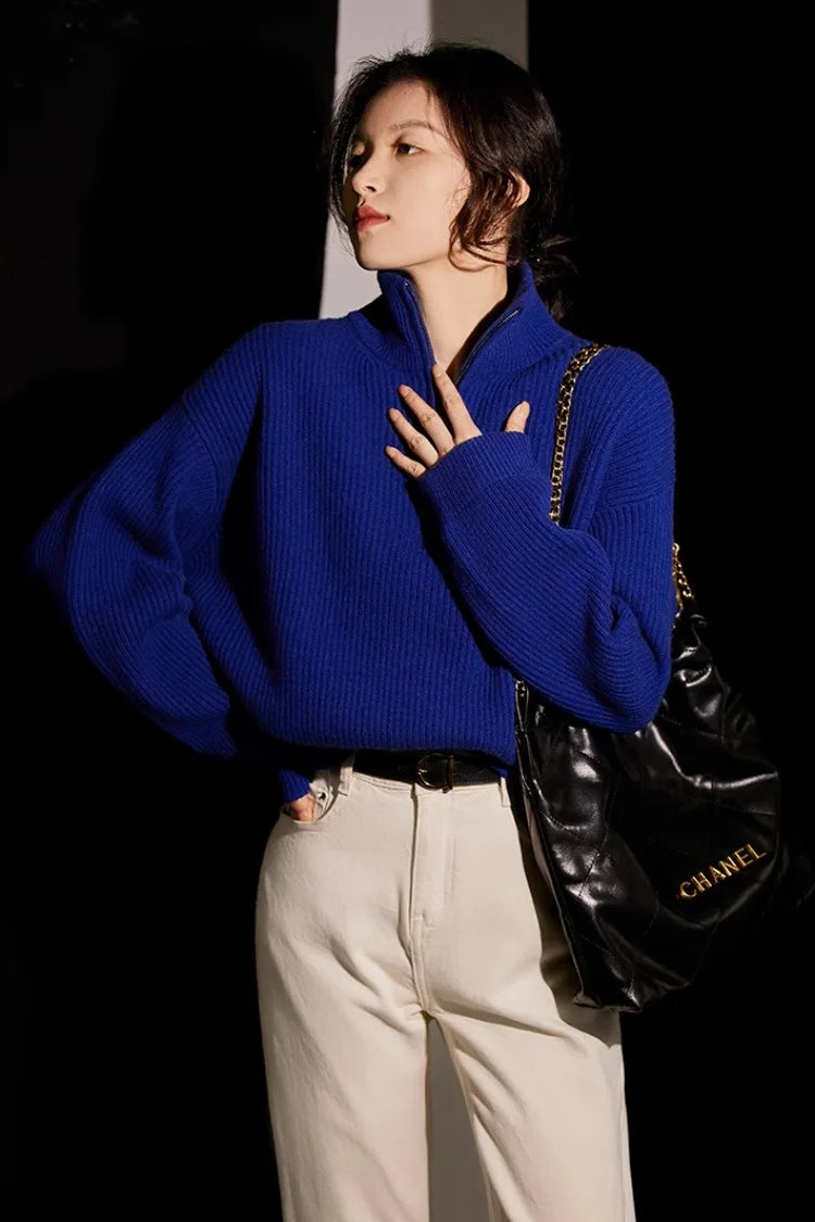 100% pure cashmere sweater women's half zip stand collar thick loose lapel pullover sweater