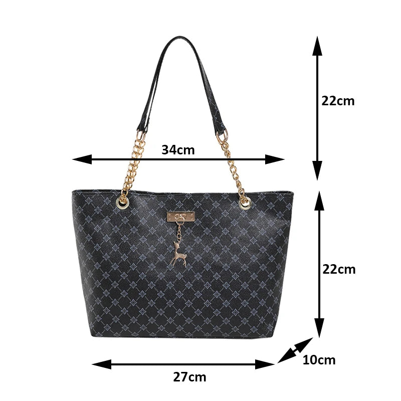 Patterned Tote Handbag with Chain Details and Shoulder Handles