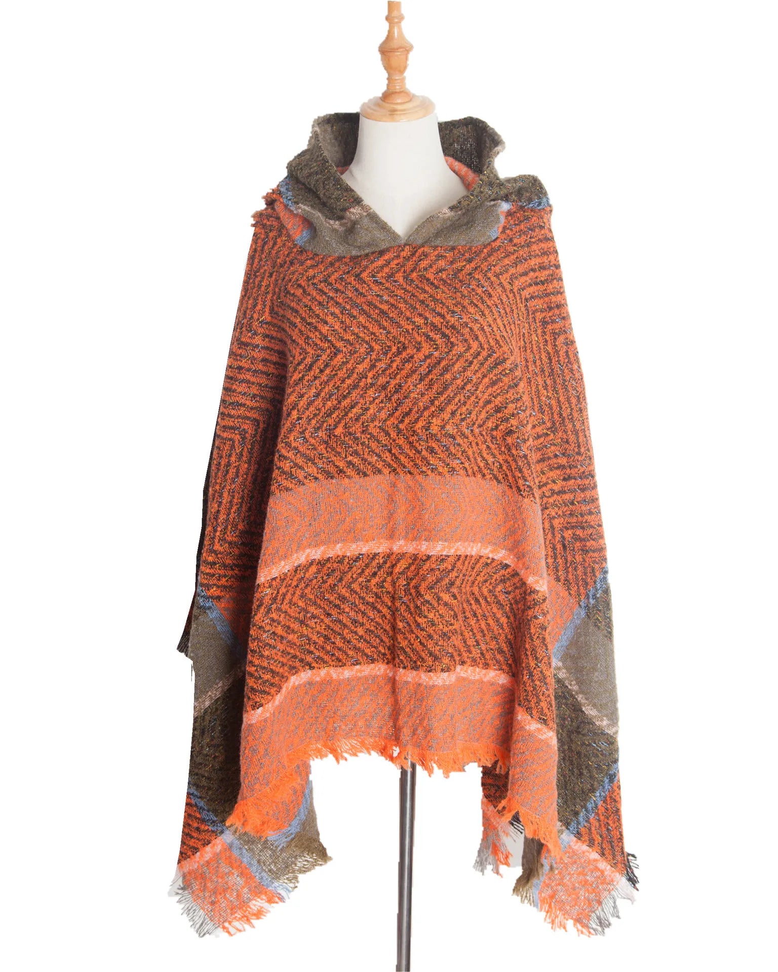 Hooded Herringbone Texture Poncho for Layering over Outfits