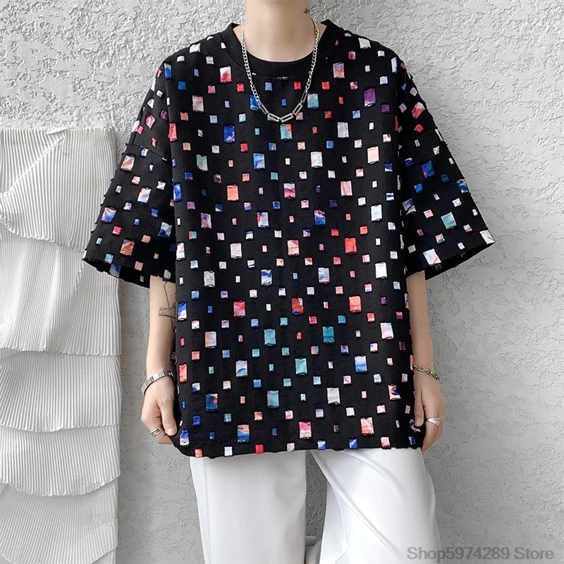 Summer Short Sleeved T-shirt Men Hollow Out Oversized Plaid T Shirt Men Streetwear Hip Hop Loose Casual Tshirt Male 5XL
