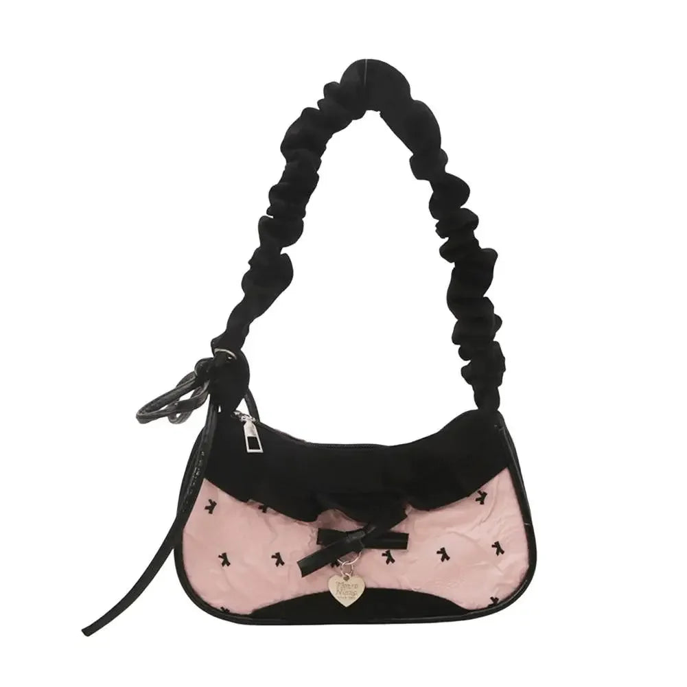 Ribbon Shoulder Handbag with Gathered Handle and Decorative Lace