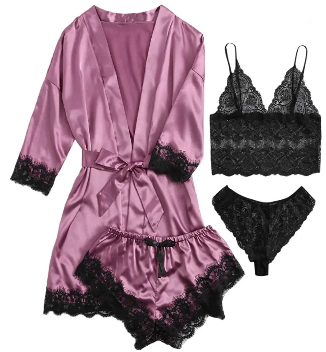 Women's Lace Trim Four Piece Pajama Set with Robe and Shorts