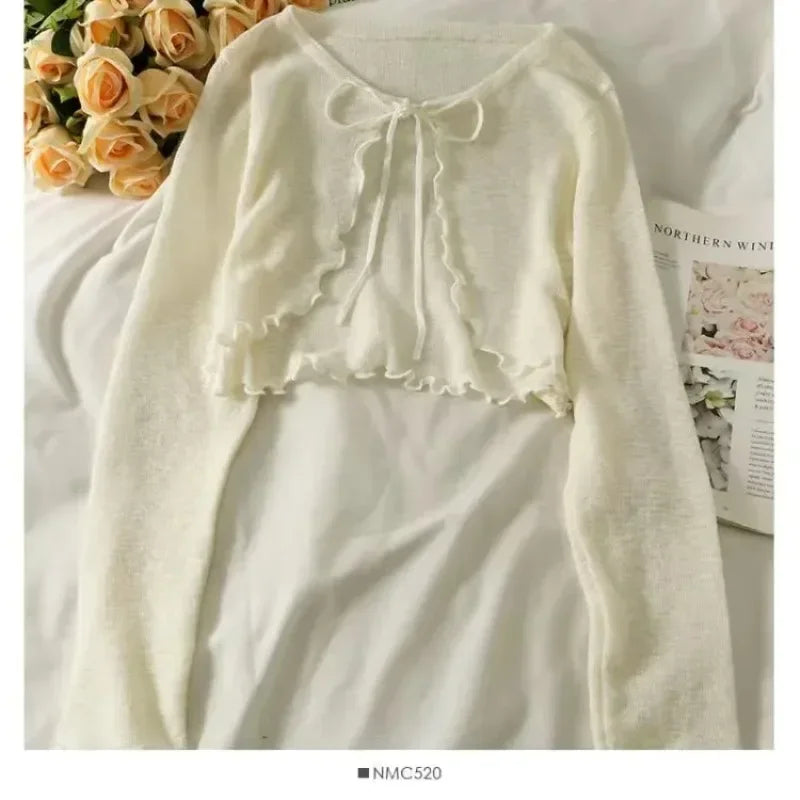 Women's Tie Front Cropped Long Sleeve Cardigan Casual Knit Layer