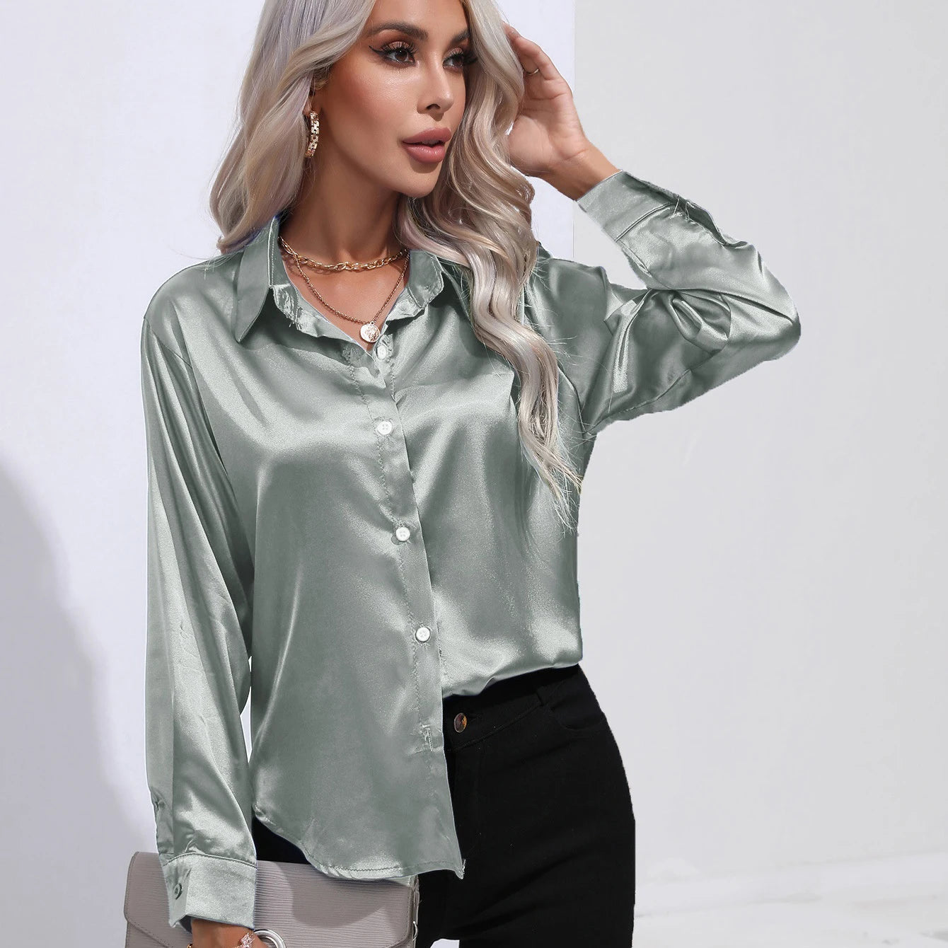 Women's Button Front Satin Look Shirt