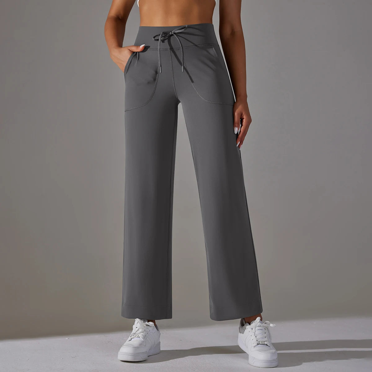 Women's Drawstring Waist Nylon Blend Cropped Wide Leg Pants with Side Pockets