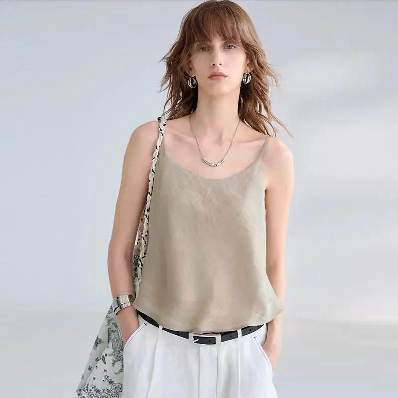 Women's Ramie Sleeveless Backless Camisole Top with Relaxed Shape for Casual Outfits