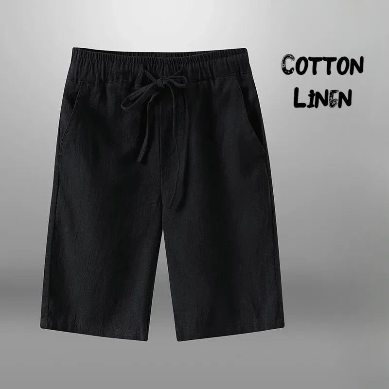 Men’s Cotton-Linen Knee-Length Drawstring Shorts with Pockets and Regular Fit