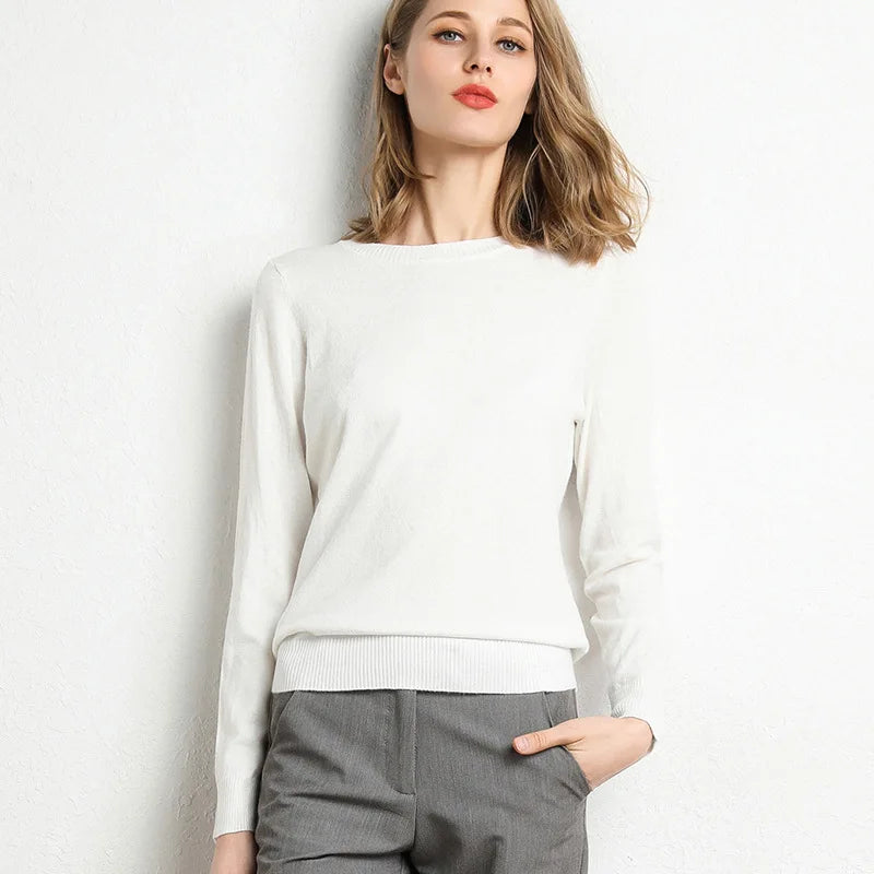 Women's Plain Crew Neck Long Sleeve Sweater Casual Knit Layer