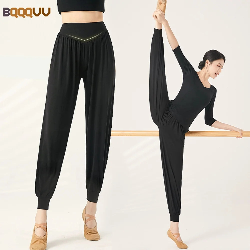 Women's High Waist Polyester Harem Dance Pants with Loose Legs and Gathered Ankles