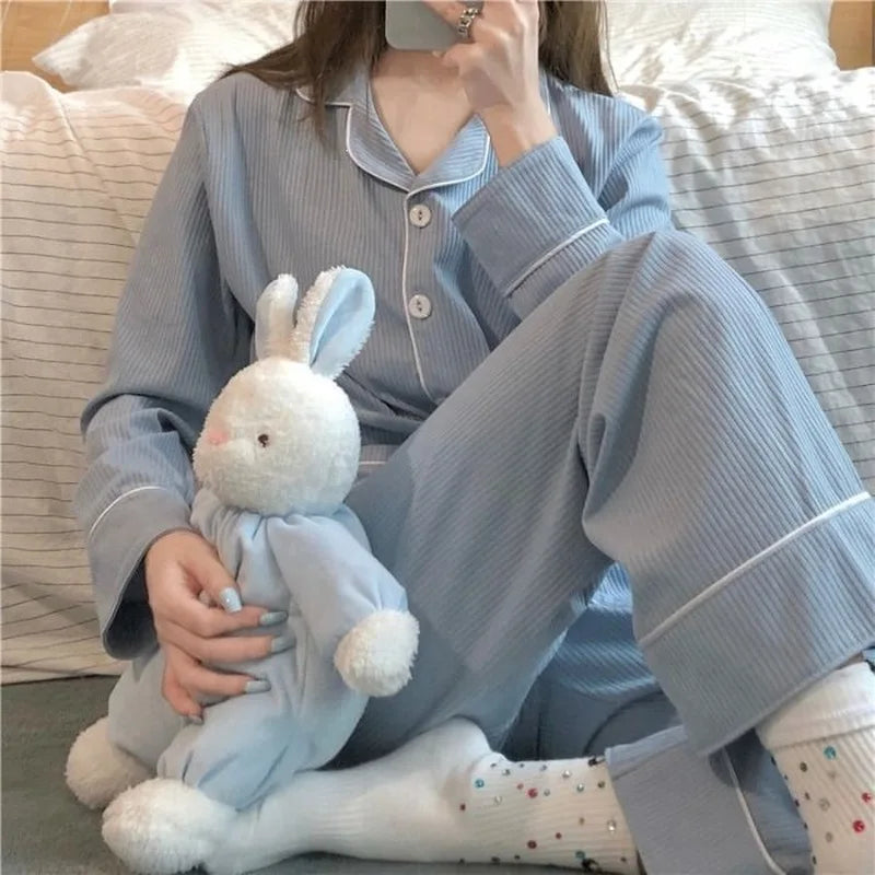 Women's Piped Button Front Long Sleeve Pajama Set with Top and Pants