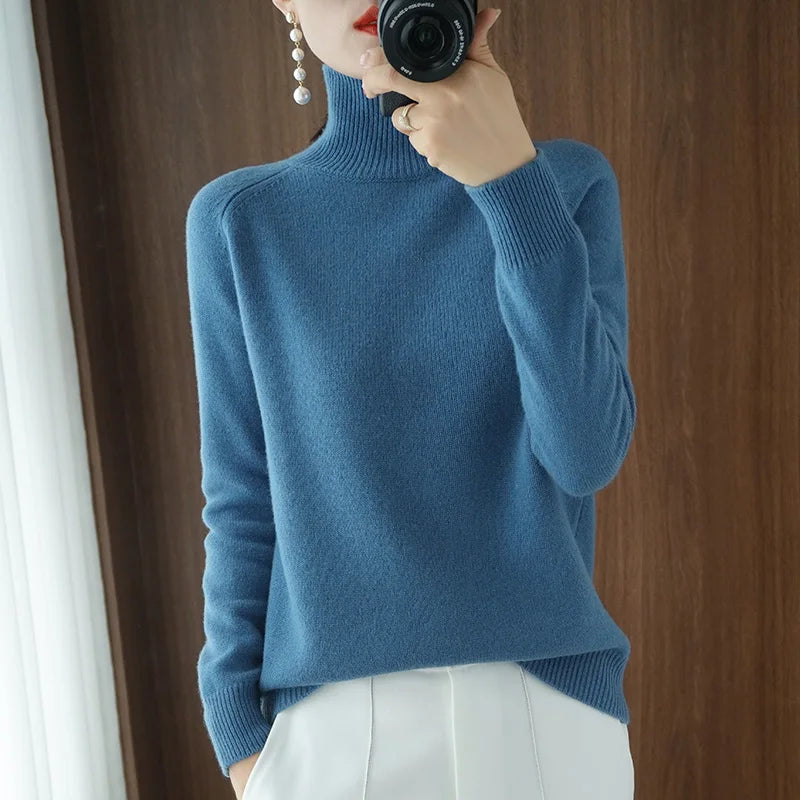 Women's Plain Ribbed Roll Neck Sweater Casual Knit Layer