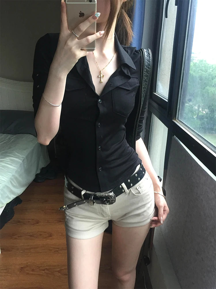 Women's Fitted Collared Three Quarter Sleeve Button Front Shirt