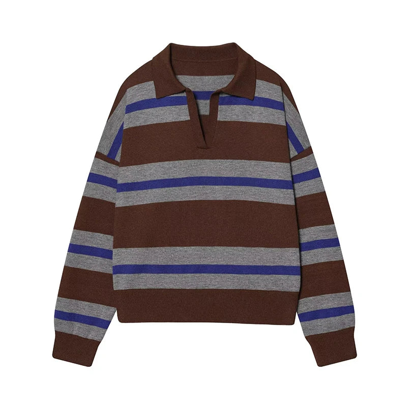 Women's Striped Polo Collar Loose Fit Sweater Casual Knit Layer
