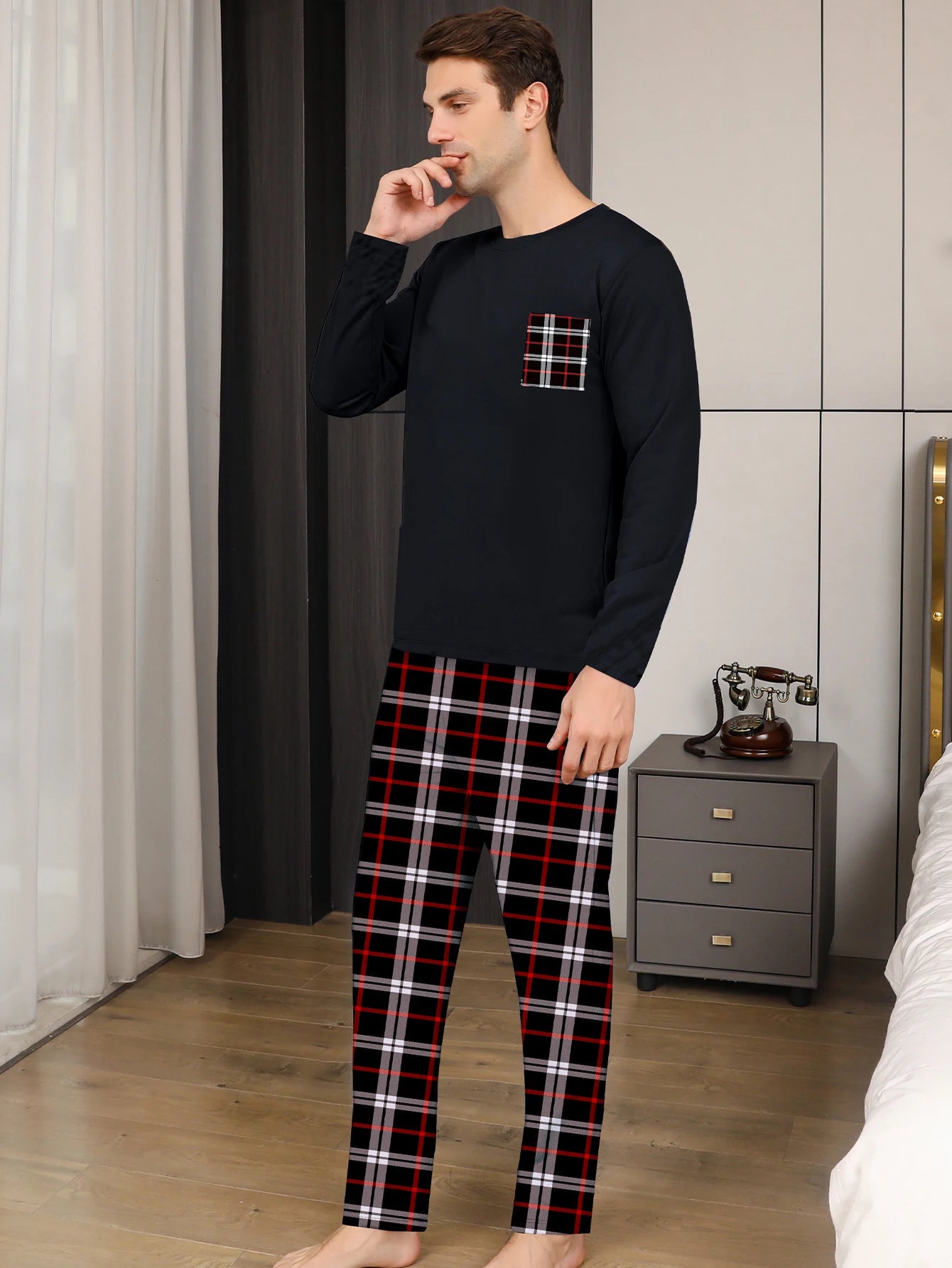Men's Long Sleeve Pocket Top and Plaid Pants Pajama Set