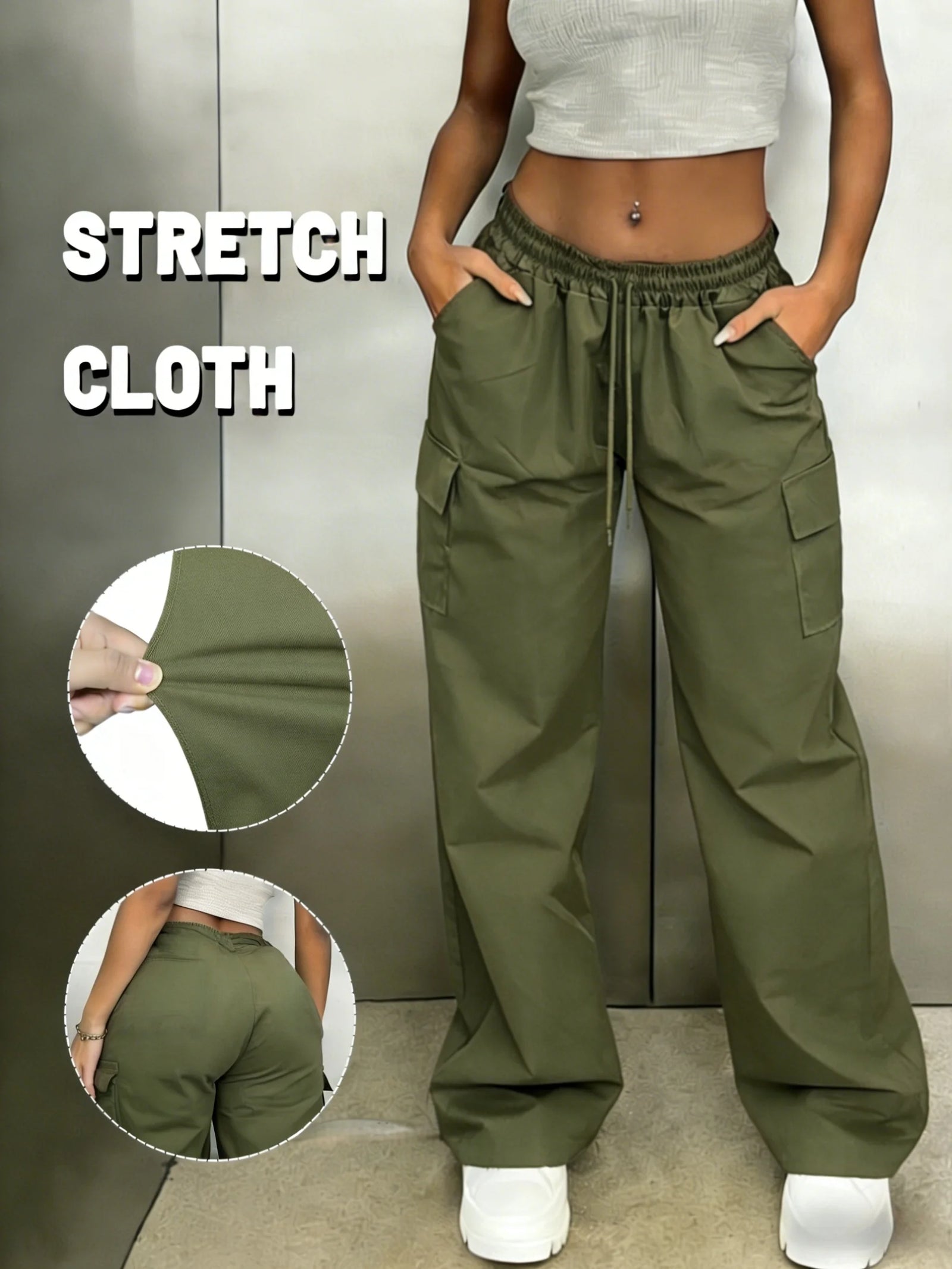 Women's Wide Leg Cargo Pants with Stretch Waist and Side Pockets