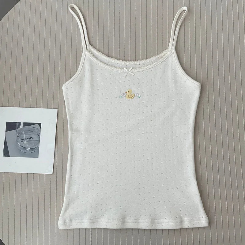 Women's Lace Trim Cotton Camisole with Bow Detail and Multiple Pattern Options