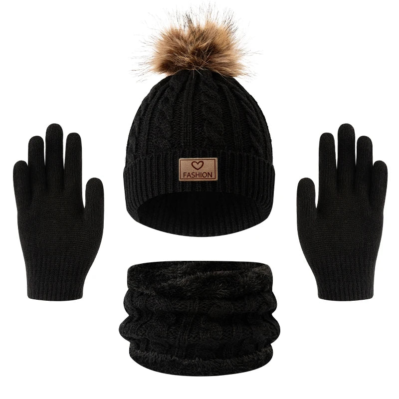 Children's Knitted Hat Neck Warmer and Gloves Set for Winter Wear