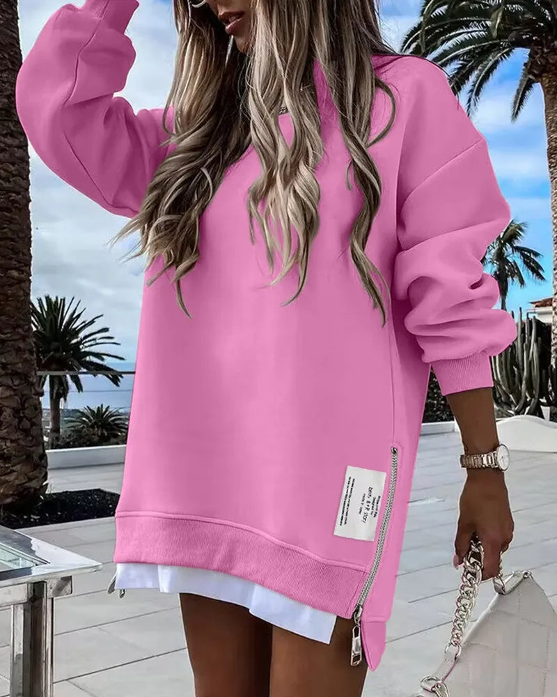 Long Crew Neck Sweatshirt with Side Zip and Layered Hem