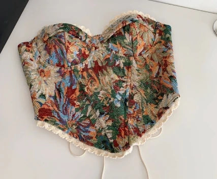 Women's Floral Tapestry Print Polyester Bustier Crop Top with Lace Up Back
