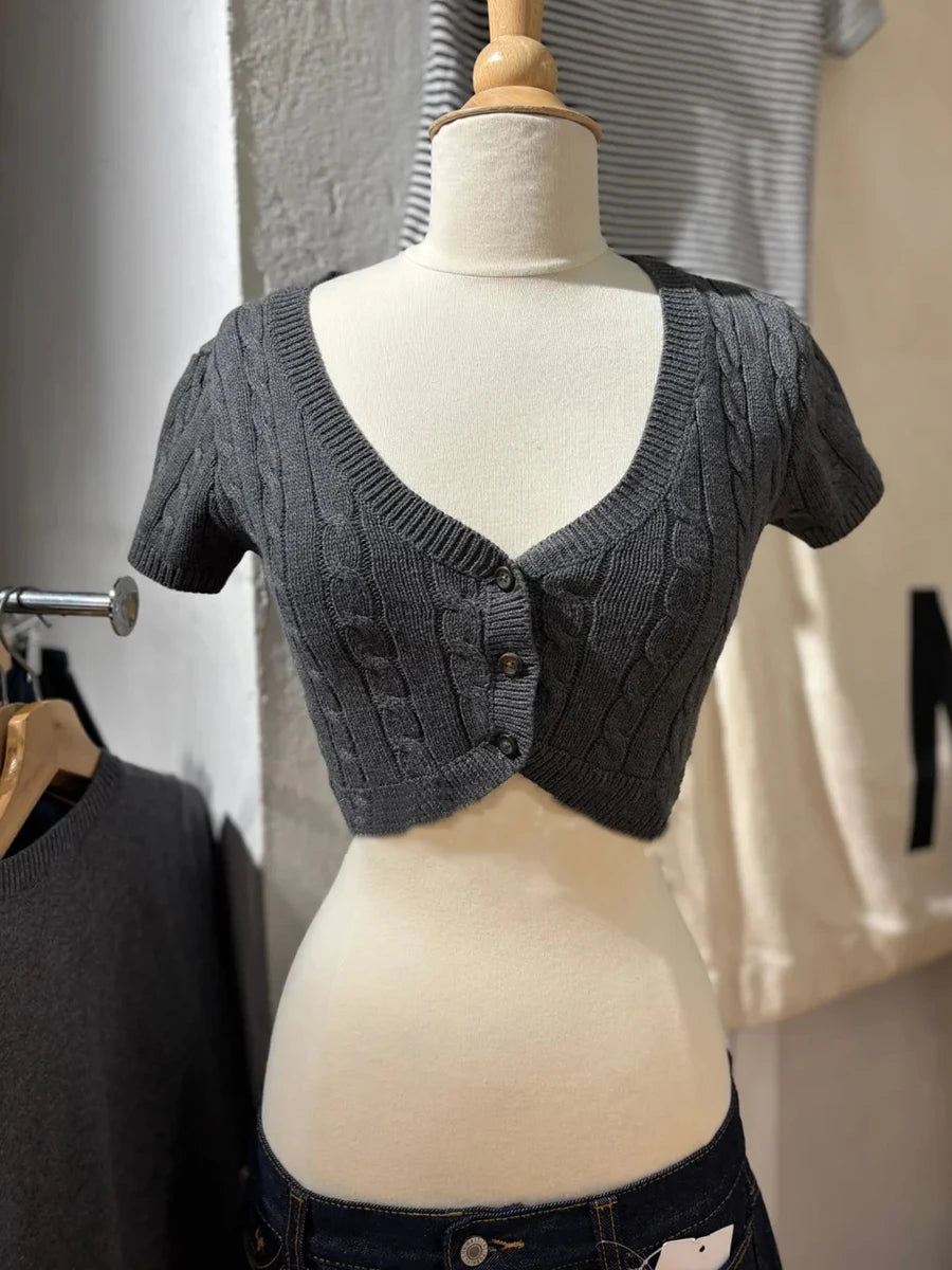 Women's Cropped V Neck Button Front Cardigan Casual Knit Layer