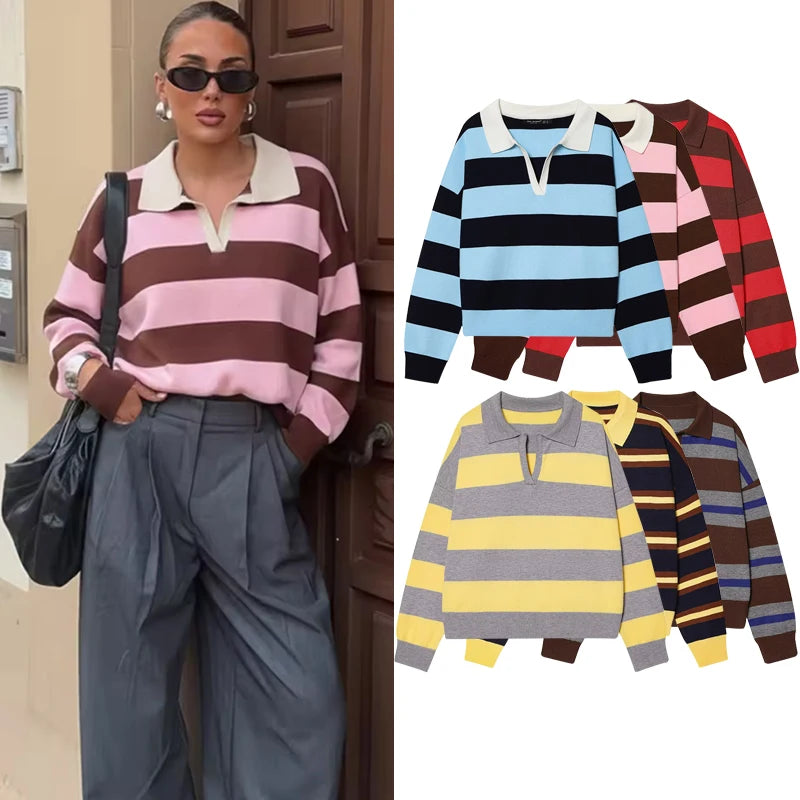 Women's Striped Polo Collar Loose Fit Sweater Casual Knit Layer