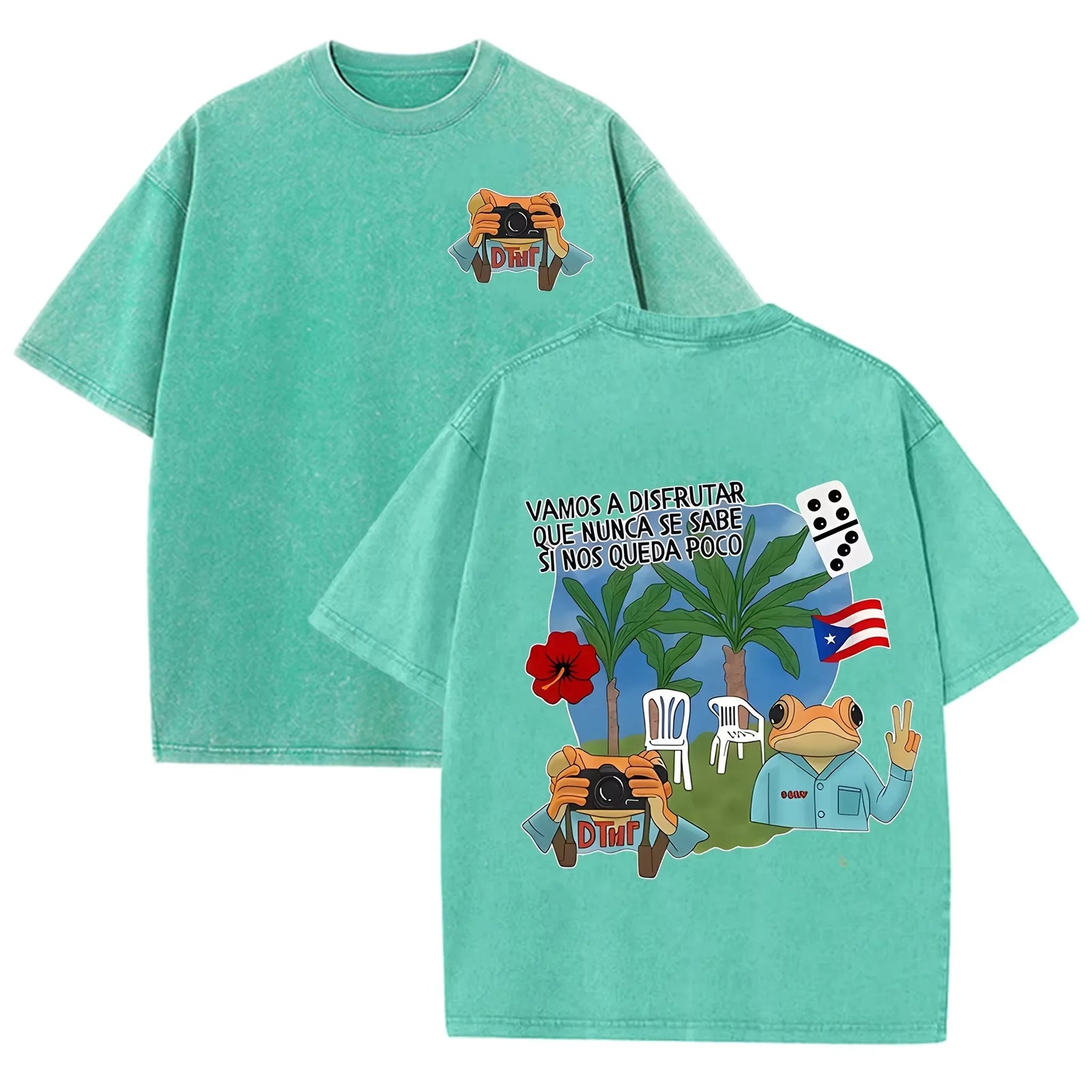 Puerto Rico Flag Frog Vamos A Disfrutar Quote Print Washed Beige Travel Lover T-shirt