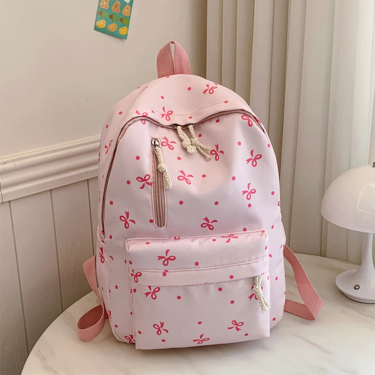 Women's Quilted Bow Print Backpack with Front Pocket and Shoulder Straps
