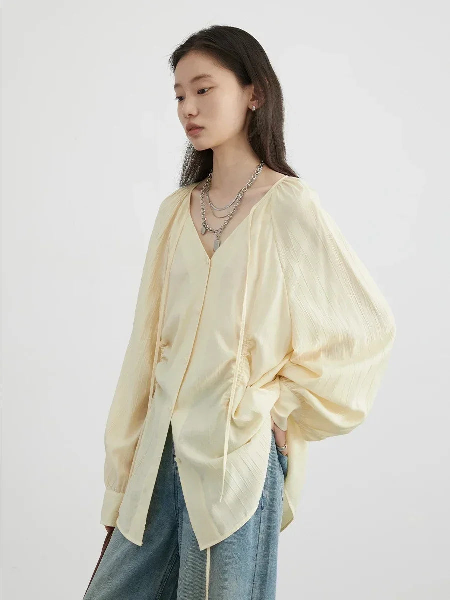 Women's V Neck Loose Blouse with Tie Cuffs