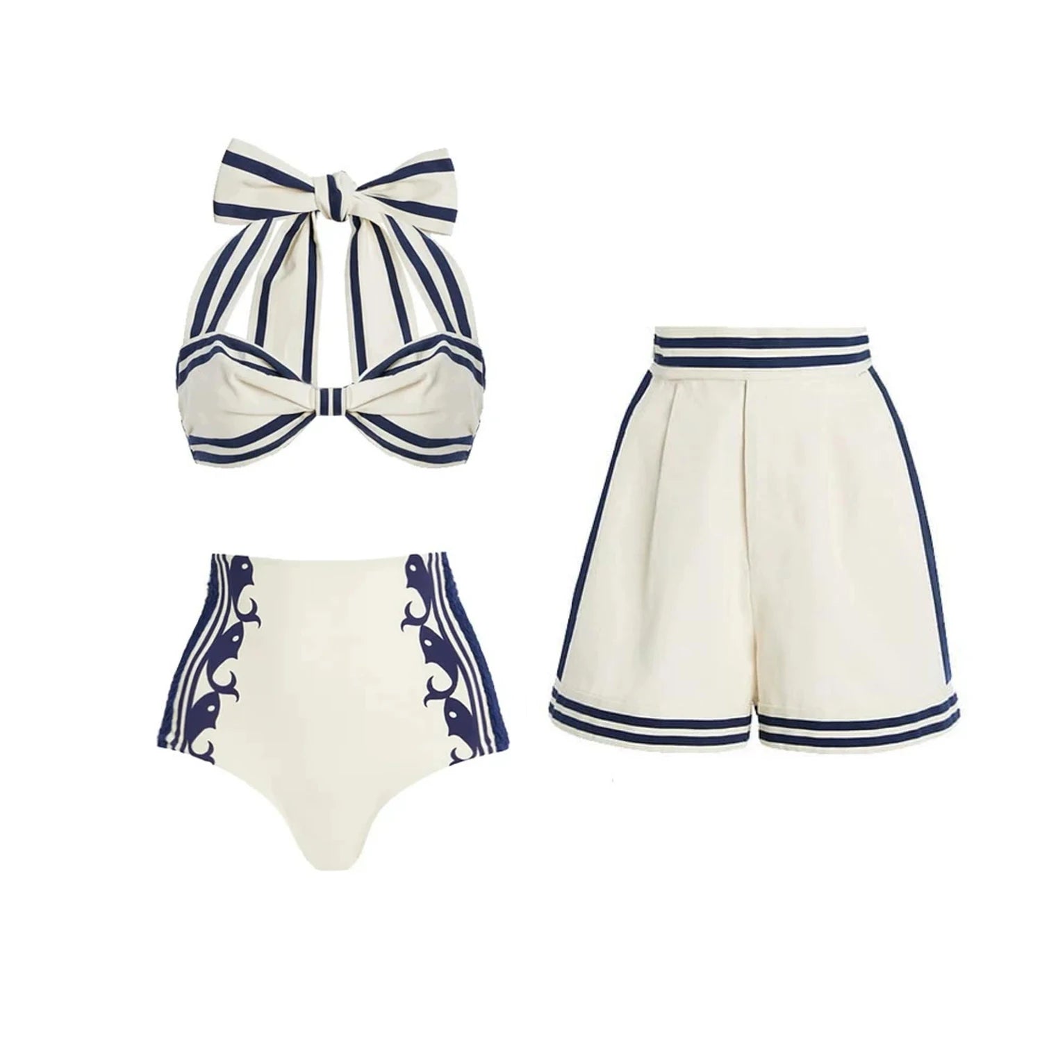 Striped Cutout One-Piece Swimsuit with Long Skirt