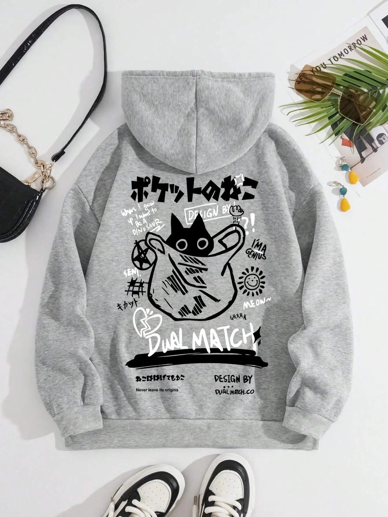 Cat Graphic Long Sleeve Pullover Casual Hoodie for Layering