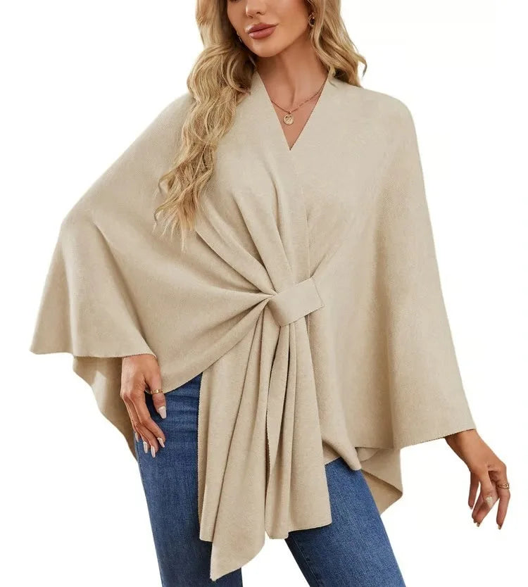 Ribbed Open Front Drape Poncho for Layering over Outfits