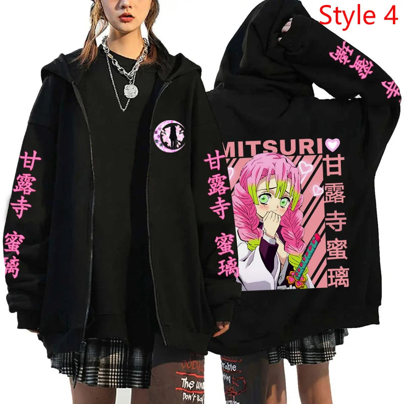 Anime Kanroji Mitsuri Print Hoodie Cartoon Zipper Pullover Long Sleeve Harajuku Sweatshirt