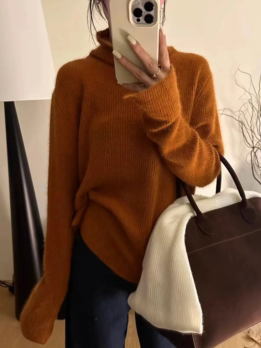 Foreign style autumn and winter turtleneck 100% pure cashmere sweater women lazy loose thick jumper knitted wool base shirt