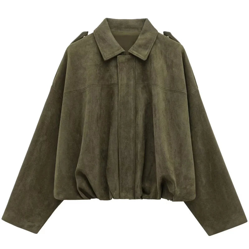 Collared Long Sleeve Loose Fit Casual Streetwear Bomber Jacket