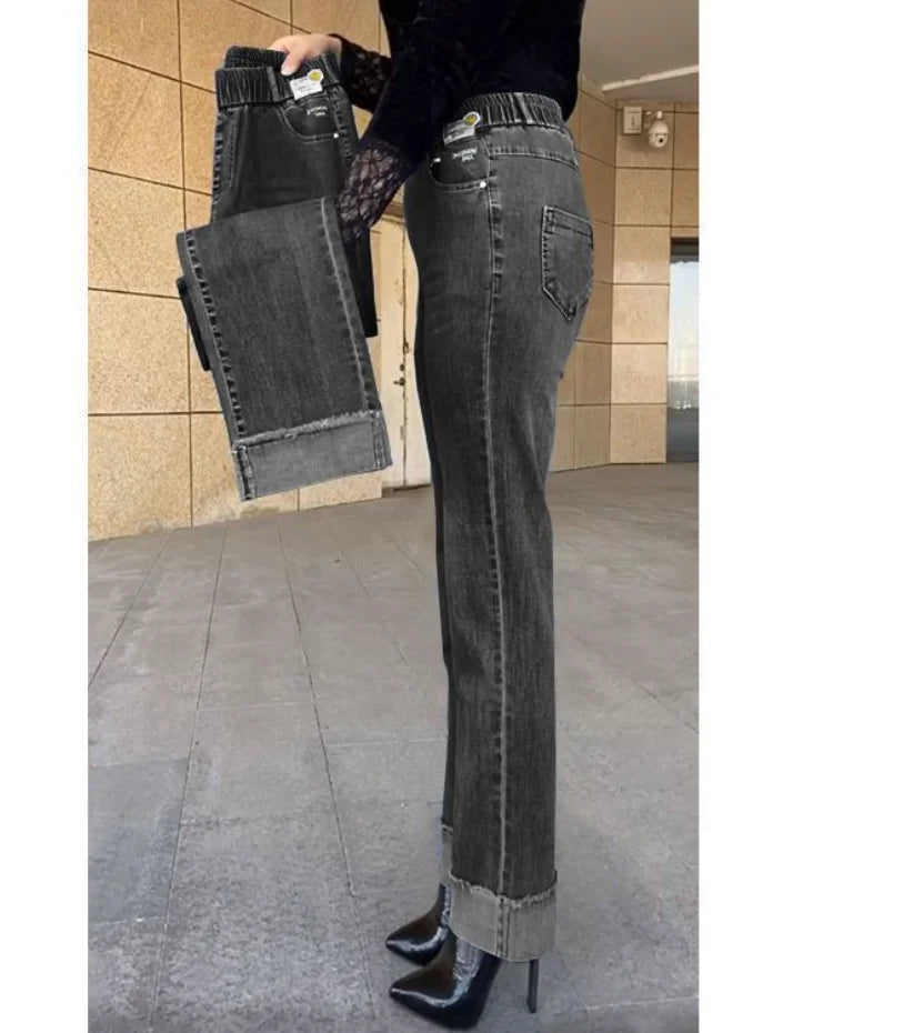 Women's Button Cuff Cropped Straight Leg Denim Jeans