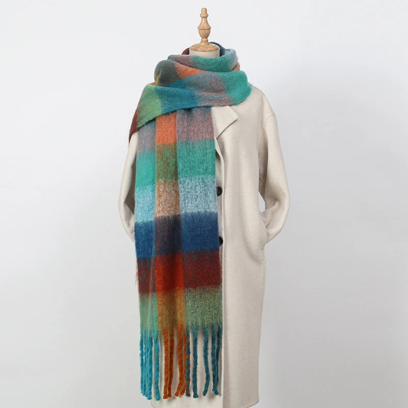 Multicolor Plaid Scarf with Long Shape and Fringed Ends