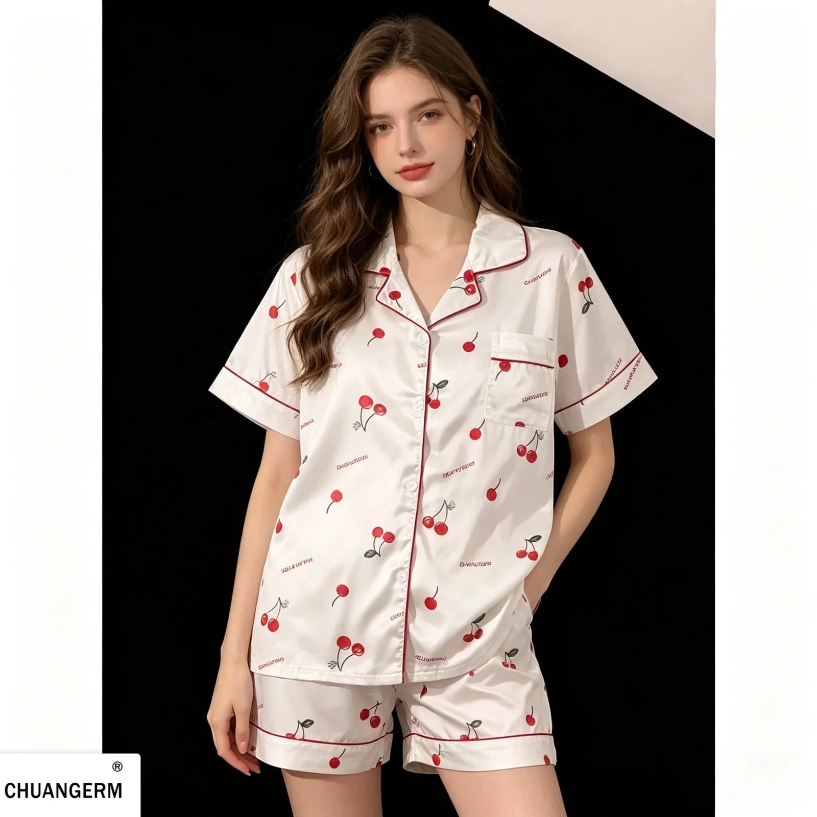 Women's Cherry Print Button Front Pajama Set with Top and Shorts