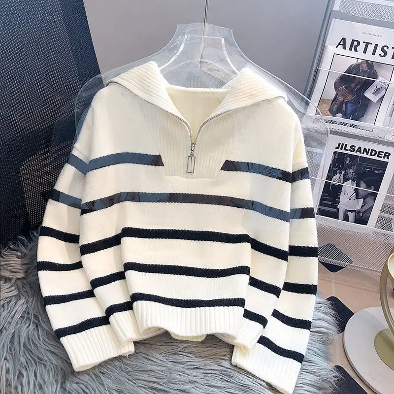 Women's Striped Half Zip Pullover Sweater Casual Knit Layer