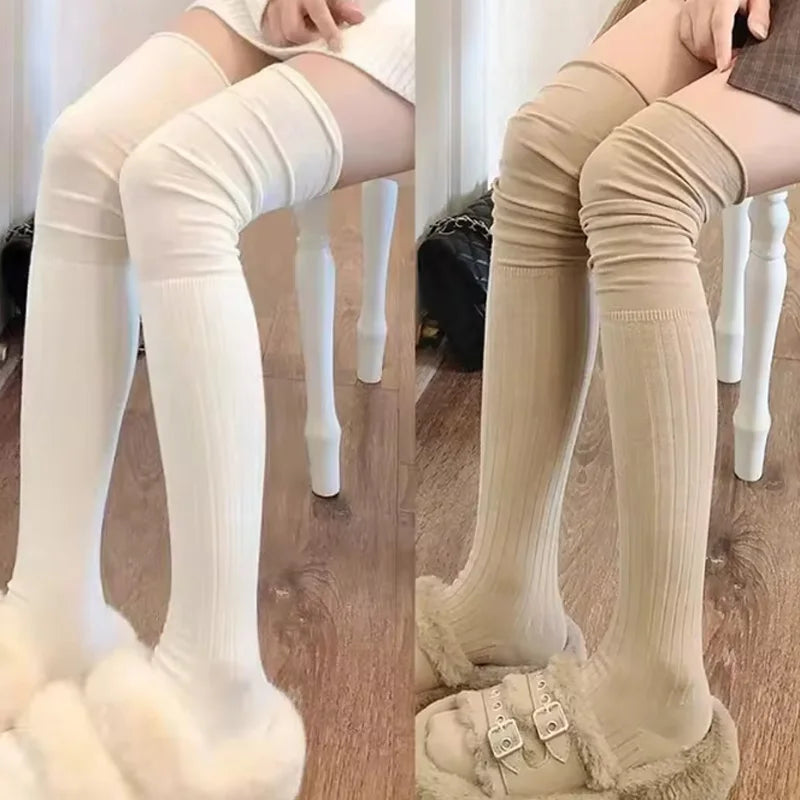 Solid Ribbed Long Socks with Over Knee Styling