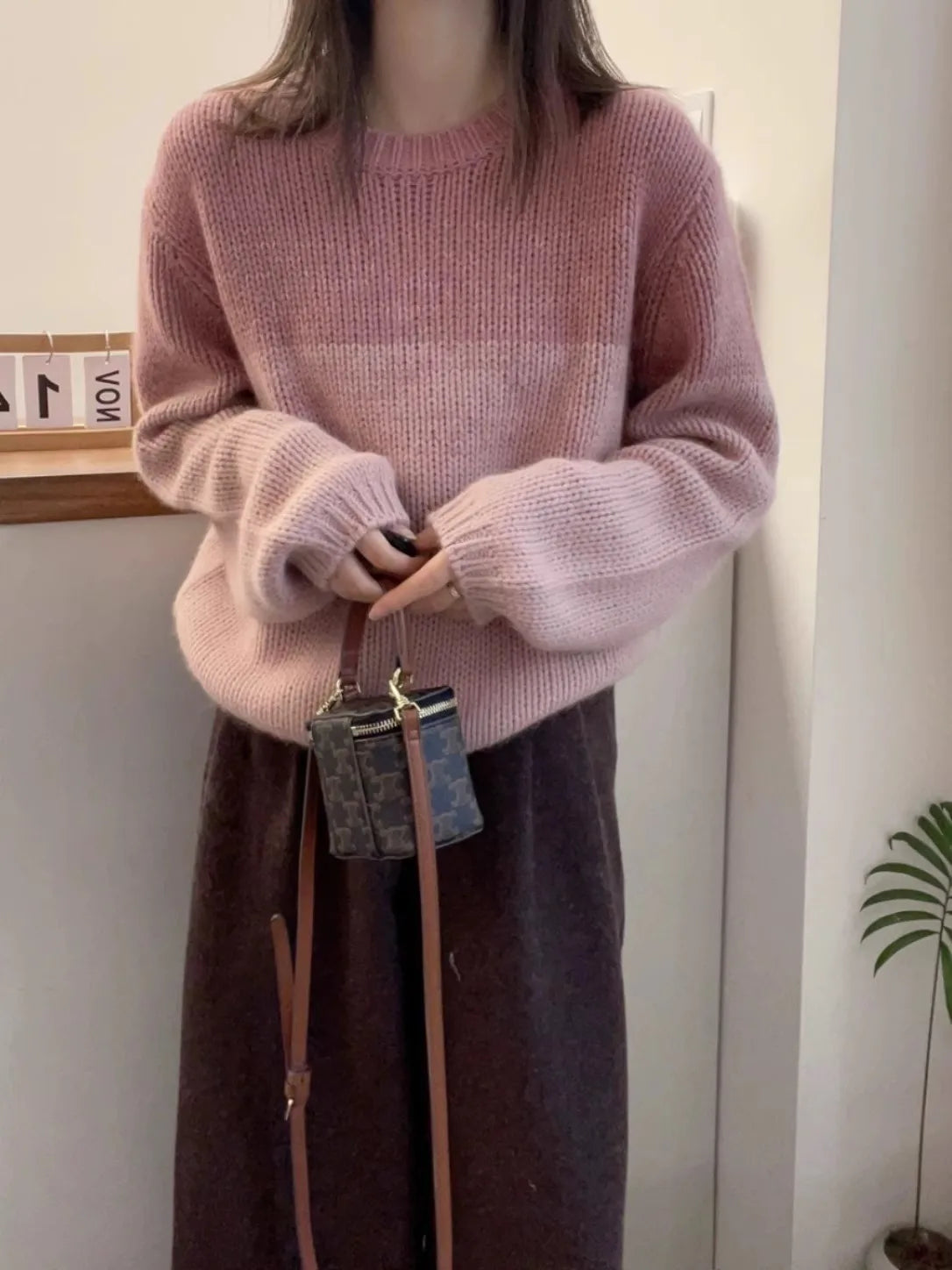 Crew-neck matching striped cashmere sweater women's long-sleeved autumn/winter loose wool base sweater