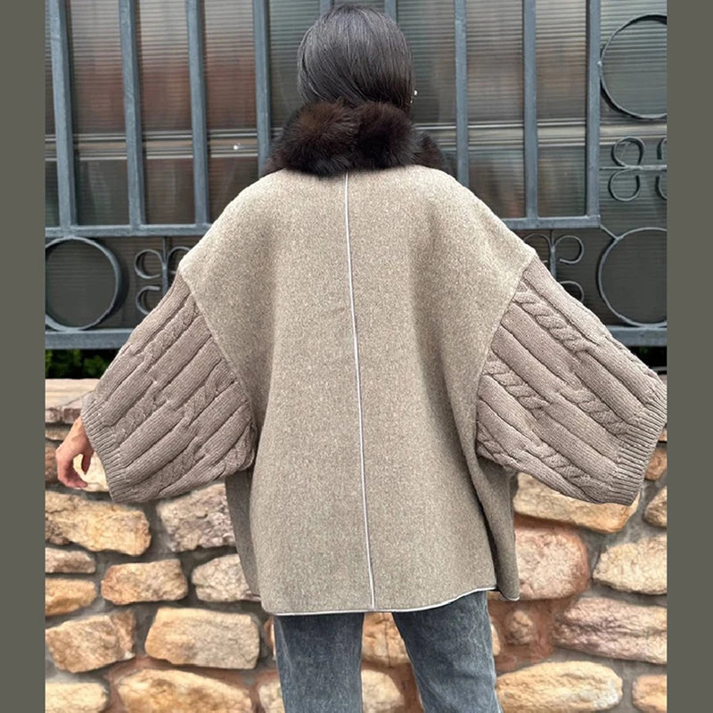 Cable Knit Plush Collar Poncho for Layering over Outfits