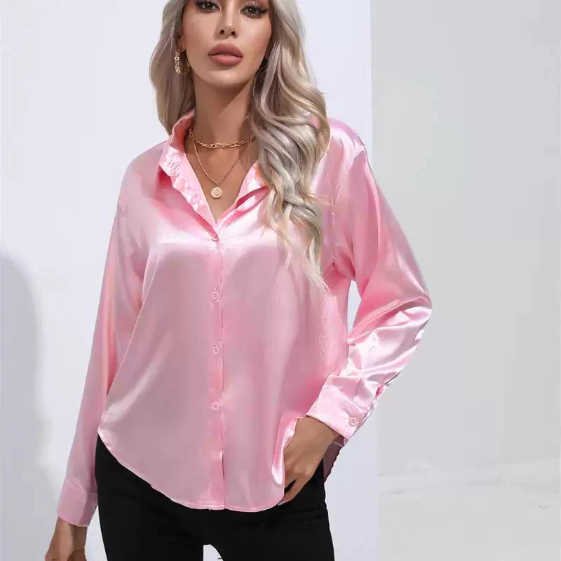 Women's Button Front Satin Look Shirt