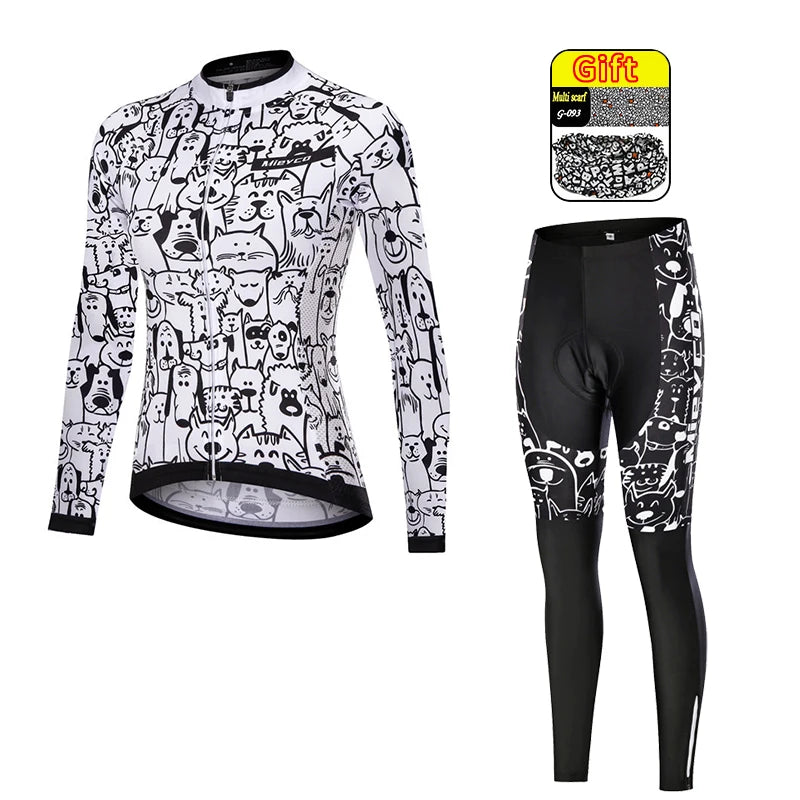 Women Long Sleeve Cycling Jersey Set MTB Bike Pants Kit Breathable Sportswear