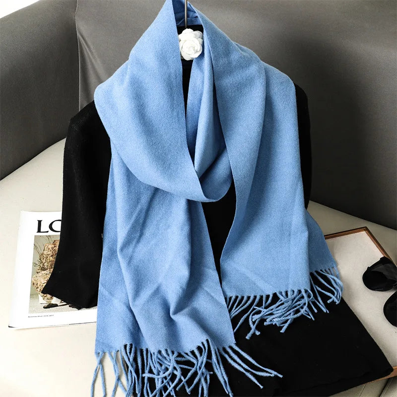 Solid Long Rectangular Scarf with Decorative Fringe Trim