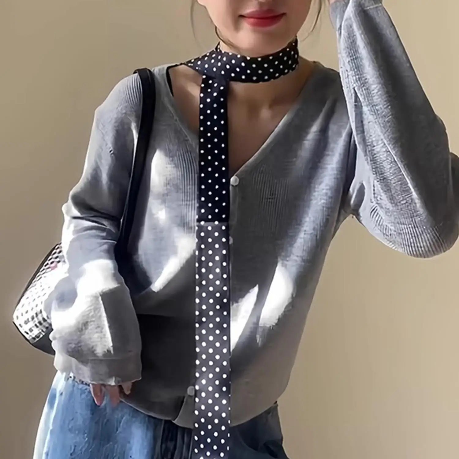 Printed Narrow Long Scarf with Pointed Ribbon Ends